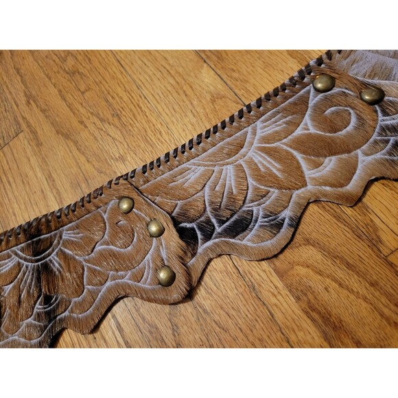 Handmade Wide Festival Belt Leather Cowhide Hair Fur Scalloped Floral Mandala main image 7